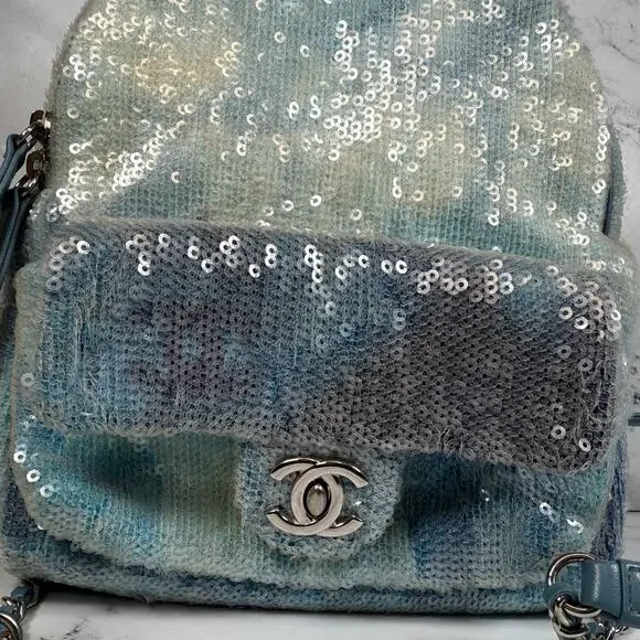 Chanel Sequin Mini Backpack Waterfall Blue Tri-color Bag Rare Light Limited Ed. - Picture 13 of 16